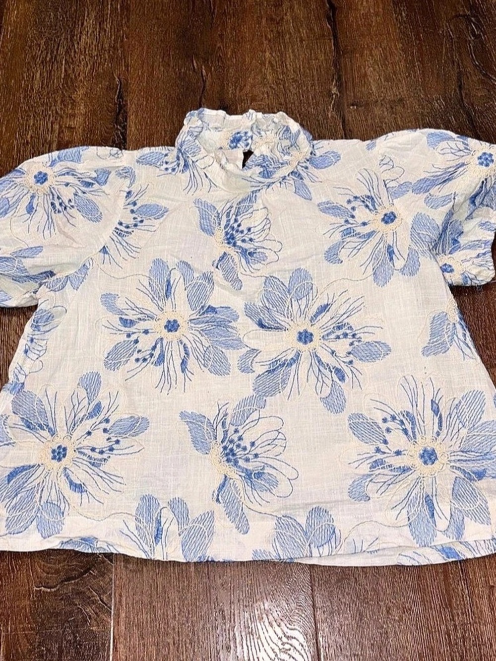 Umgee Floral Embroidered Blouse in White & Blue Size Large